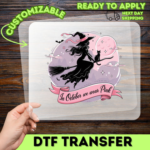 Cute In October We Wear Pink Halloween Witch DTF Transfer for Breast Cancer Awareness T-Shirt & Apparel