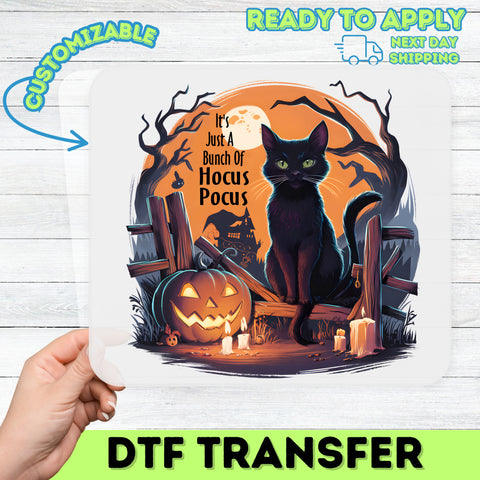 Funny Halloween Black Cat & Pumpkin DTF Transfer Iron-On for Cute Party T-Shirt, Ready to Press Hocus Pocus Theme Apparel