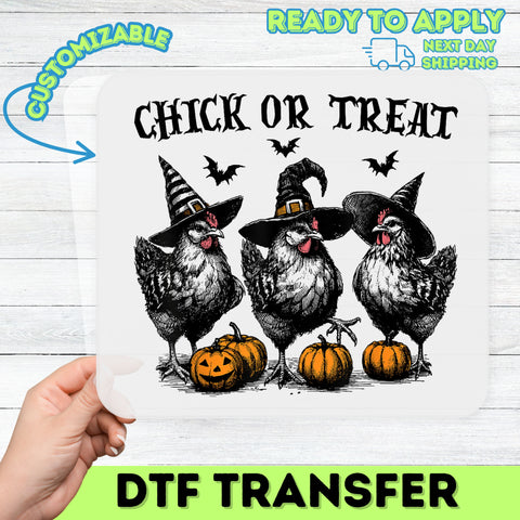 Iron-On DTF Transfer Funny Halloween Chicken Witch Design for Group Apparel & T-Shirts - Perfect for Pumpkin Parties