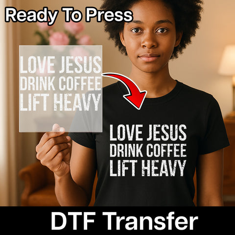 Iron-On Christian Fitness Coffee & Weightlifting DTF Transfer for Gym Enthusiasts Apparel T-shirt Ready to Press