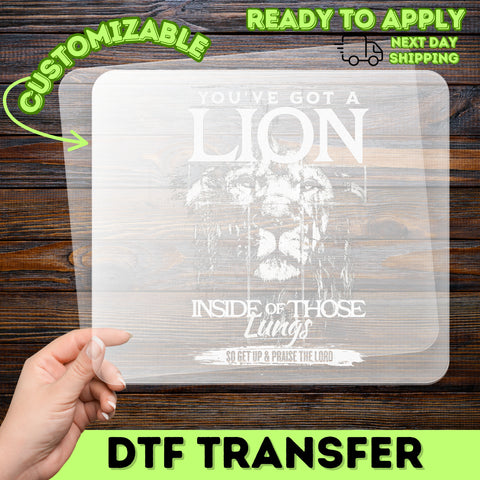 Religious Lion Design Inspirational DTF Transfer Iron On Ready To Press Christian Group Apparel Motivational Faith Tee