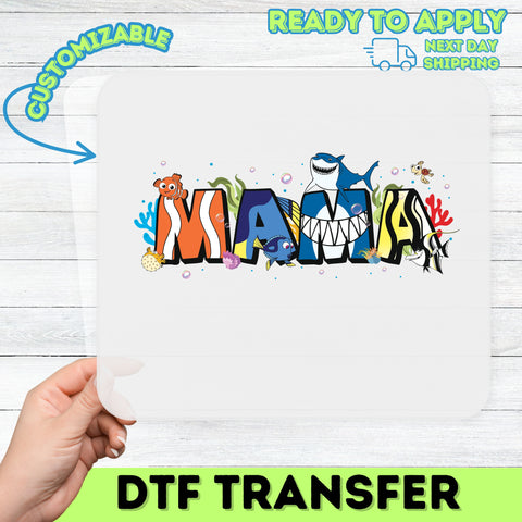 Cute Underwater Cartoon Sea Creatures DTF Transfer for MAMA T-shirt Ready to Press Iron-On Ocean Theme Apparel
