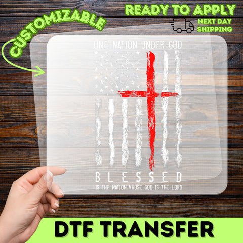 Christian Patriotic DTF Transfer for Shirts - One Nation Under God Religious Faith American Flag Iron-On - Ready To Press for Fourth of July
