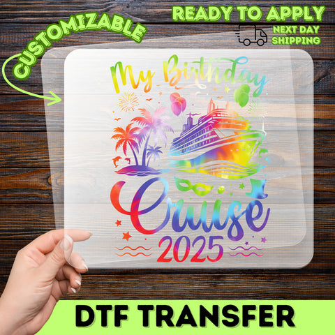 Birthday Cruise Party DTF Transfer for Family & Friends | Vibrant Cruise Ship, Palm Trees, Fireworks, & Balloons Iron-On Design