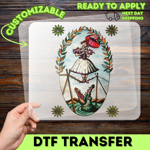 Vintage Circus Performer DTF Transfer | Ready to Press Alligator Tightrope Scene for Unique Retro T-Shirt or Sweatshirt