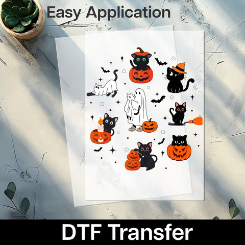 Cute Halloween Black Cat & Pumpkin DTF Transfer, Ready To Press Cute Holiday Design for Cat Lovers Apparel & Tshirts