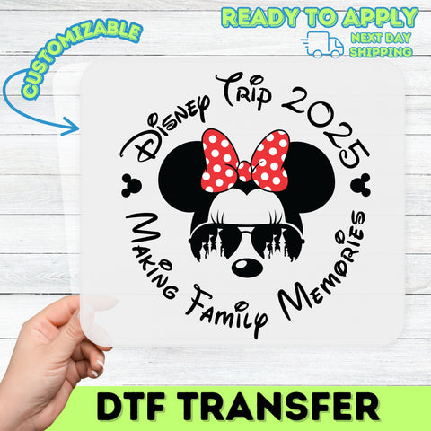 Cute Theme Park Adventure Mouse Bow Sunglasses DTF Transfer Ready To Press for Family & Friends Vacation T-Shirts