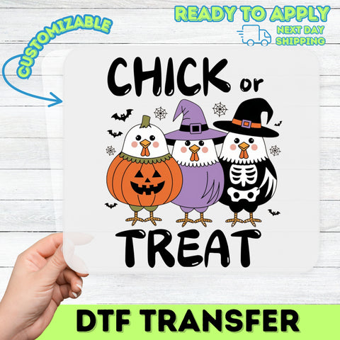 Funny 'Chick or Treat' Halloween DTF Transfer for Cute Chicken Theme Iron-On Apparel