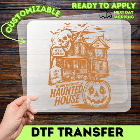 Funny Halloween Haunted House & Skull DTF Transfer for Group Apparel, Ready to Press for Spooky T-Shirts