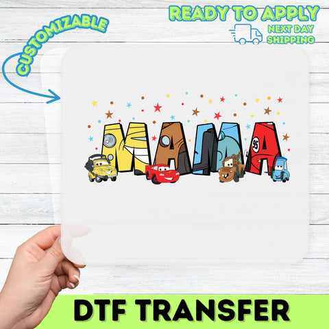 Cute Cars-Themed Mama DTF Transfer Iron-On for Mother's Day Apparel & Family Celebrations