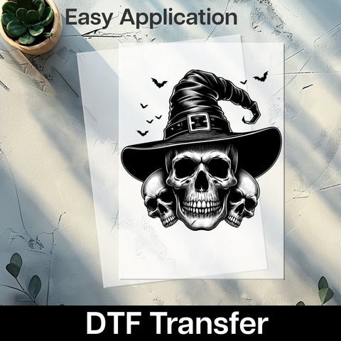 Gothic Halloween Skull Witch Hat & Bats DTF Transfer for Apparel - Ready to Press Iron-On for Spooky Occult Shirts