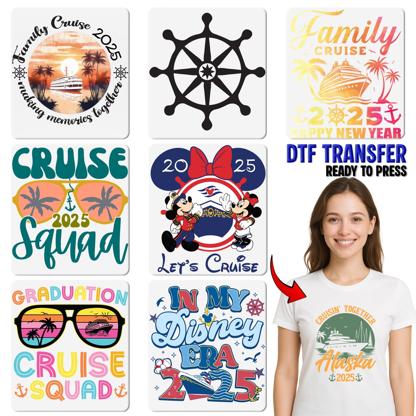 Vintage Nautical DTF Transfer - Cute Ship Wheel Design Ready to Press for Beach Vacation Group T-Shirts & Apparel