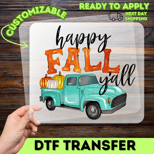 Vintage Teal Truck Fall DTF Transfer Cute Pumpkin Spice Autumn Harvest Iron-On for T-Shirt Apparel Rustic Farmhouse Charm
