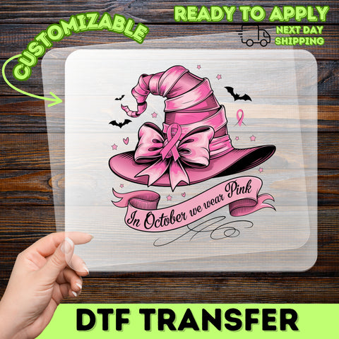 Pink Awareness & Halloween Witch Hat Cute October DTF Transfer for Women Apparel & Breast Cancer Support Group