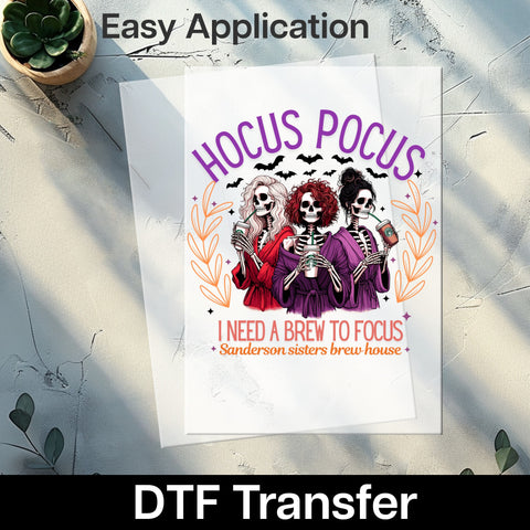 Funny Halloween Skeletons Hocus Pocus DTF Transfer for Women Shirt & Witchy Coffee Lover Iron-On Ready to Press Apparel