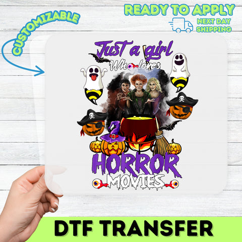Cute Horror Movie Fan Halloween DTF Transfer for Women Shirt | Funny Witch & Pumpkin Ready To Press Iron-On Apparel Design