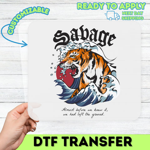Iron-On Savage Tiger Wave DTF Transfer, Vintage Tattoo Graphic T-Shirt for Adventurous Surf & Skateboard Fans, Ready to Press Apparel