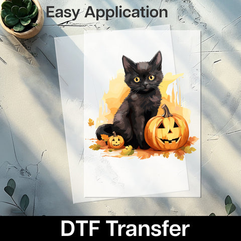 Cute Halloween Black Cat & Pumpkin DTF Transfer - Ready to Press Iron-On for Spooky Kids & Adult Apparel