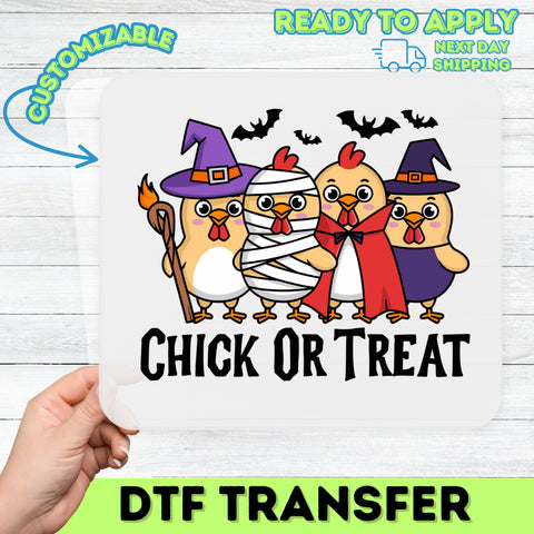 Funny Halloween Chick or Treat DTF Transfer | Cute Chicken Costume Iron-On | Ready to Press Design for Family & Kids Apparel