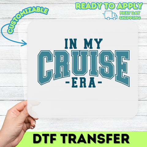 In My Cruise Era retro collegiate DTF transfer for fun group vacation t-shirt, ready to press iron-on cruise vibes apparel