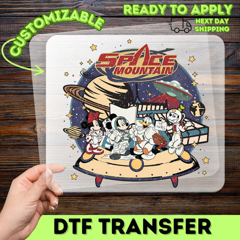 Retro Cartoon Space Adventure Ready To Press DTF Transfer for Family Theme Park T-Shirt Space Mountain Design