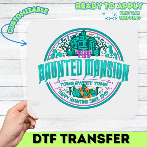 Haunted Mansion Halloween DTF Transfer | Funny Gothic Teal & Violet Iron-On for Family Apparel