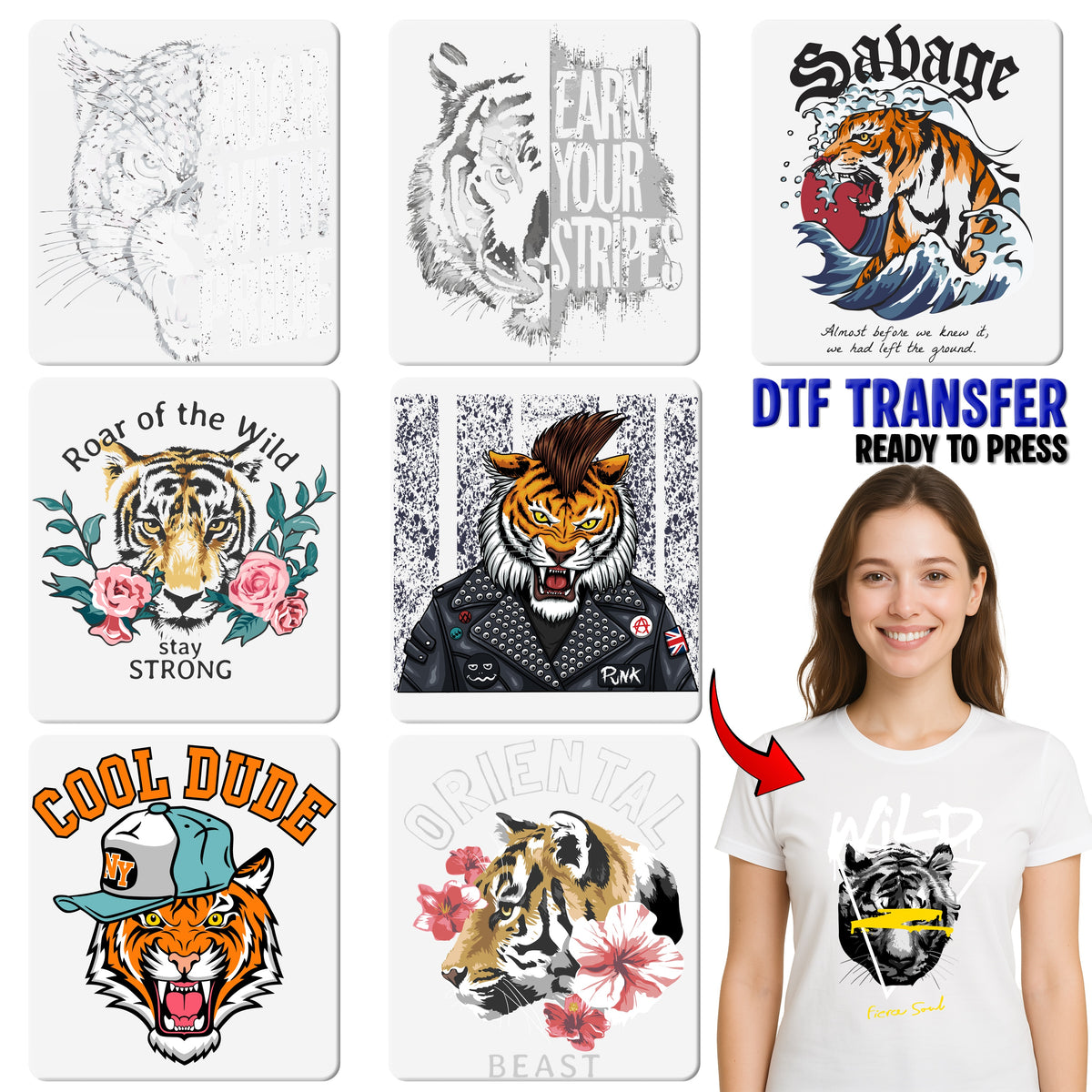 Vintage Resting Tiger DTF Transfer for Animal Lover Apparel - Ready To Press Wildlife Design for T-Shirts and Hoodies