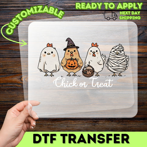 Funny Halloween Chicken DTF Transfer, Cute Chick or Treat Iron-On for Family Shirts & Apparel, Ready to Press Fall Party Gift