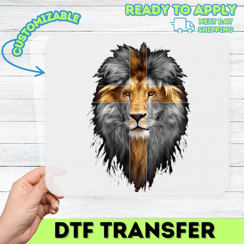 Christian Lion Cross Inspirational DTF Transfer Ready To Press Iron-On Religious Faith-Based Apparel Spiritual Art T-Shirt