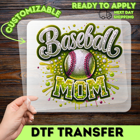 Glitzy Baseball Mom DTF Transfer Ready To Press Iron-On for Cute Sports T-Shirt Apparel