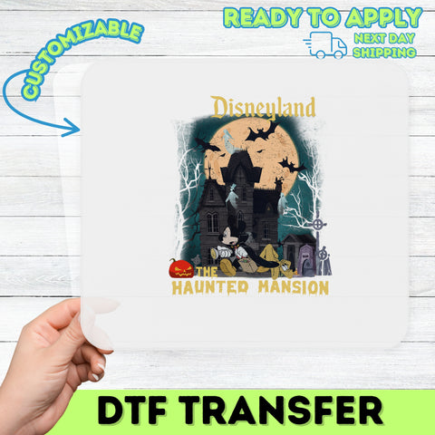 Disney Halloween cartoon character DTF Transfer Shirt, spooky vintage haunted house iron-on for Halloween party, Disneyland family apparel