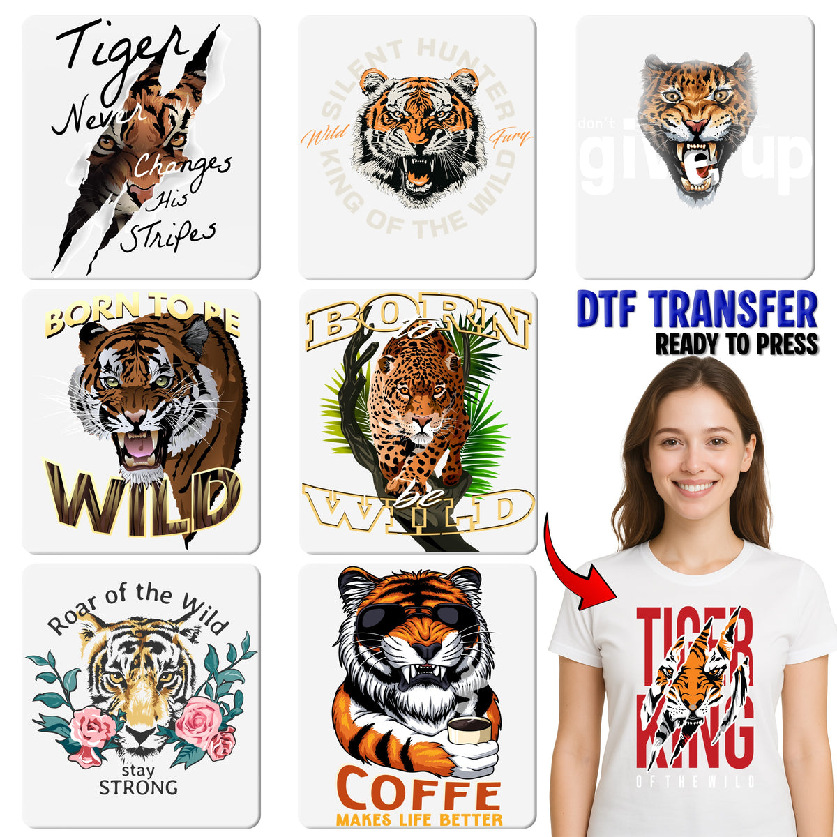 Wild Soul Tiger Face DTF Transfer for Adventure Apparel, Ready To Press Iron-On Wildlife Design for T-shirts & Outdoor Spirit Gear