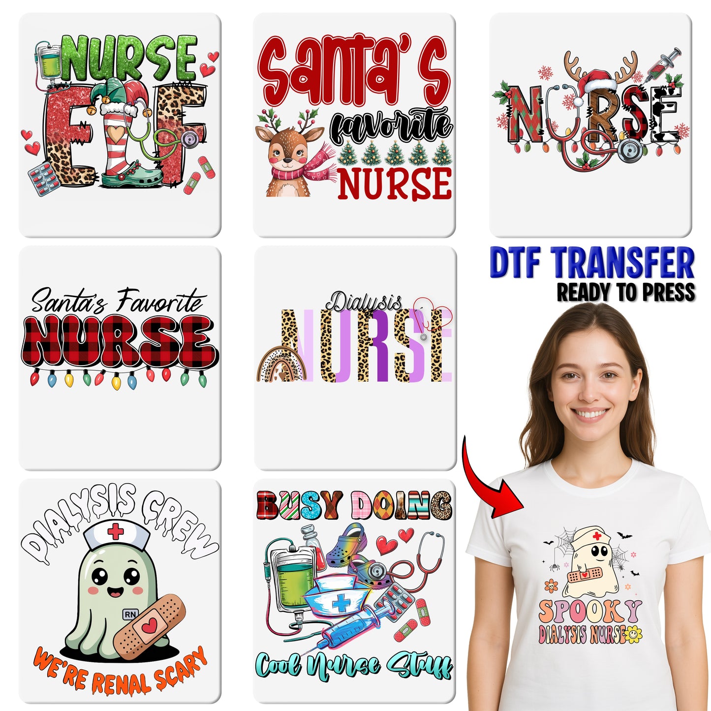 Retro Holiday Nurse DTF Transfer Cute Buffalo Plaid & Lights Ready To Press Christmas for Nursing T-shirt Apparel