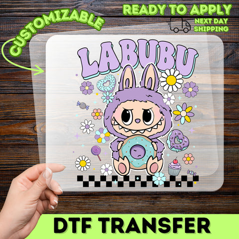 Cute Monster with Bunny Ears & Donut DTF Transfer - Ready To Press for Youth T-shirt - Fun Kawaii for Party Apparel
