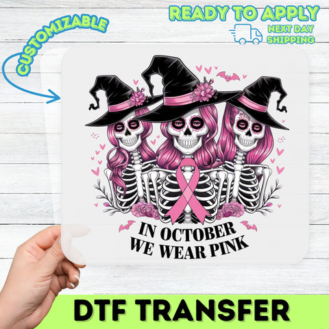 Cute Gothic Halloween Skeleton Witches DTF Transfer for Spooky Pink Ribbon Apparel & Breast Cancer Awareness