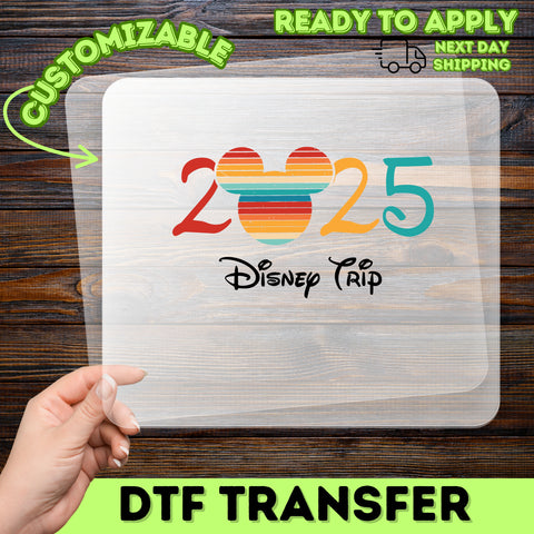 Retro Disney Trip 2025 DTF Transfer for Family Vacation Shirt, Cute Iron-On Mickey Celebration, Group Apparel Ready to Press