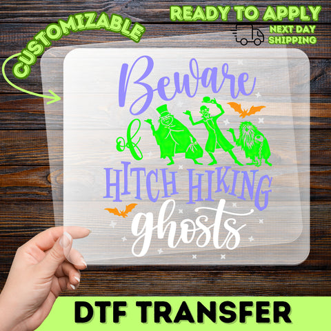 Iron-On Funny Halloween Hitchhiking Ghosts DTF Transfer for Group T-Shirts, Ready to Press Retro Spooky Apparel