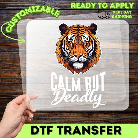 Iron-On Calm But Deadly Tiger DTF Transfer for Bold Animal Motif T-Shirt & Apparel, Sports Team Graphic, Wildlife Gift