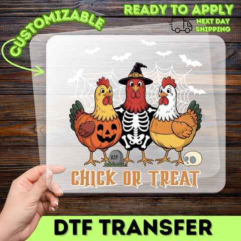 Chick or Treat Iron-On Funny Halloween DTF Transfer Cute Chicken Costume Apparel for Farm Enthusiasts & Families