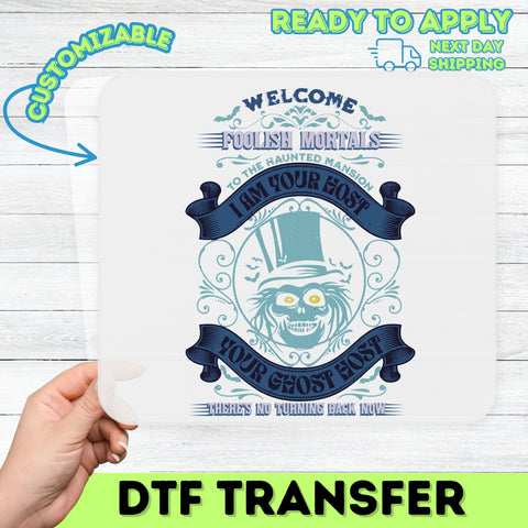 Haunted Mansion Ghostly Welcome Halloween DTF Transfer Iron-On for Spooky Apparel Group Costume