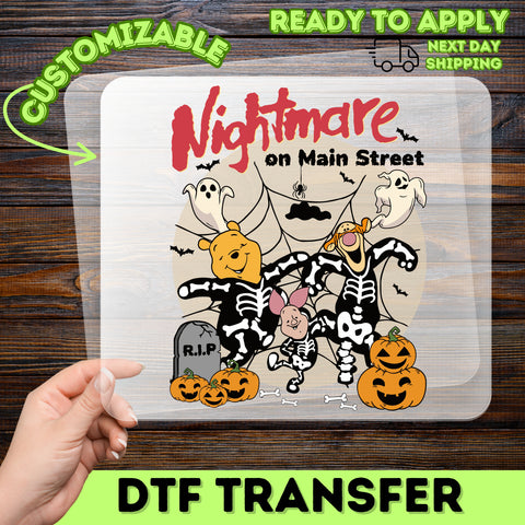 Cute Funny Halloween Character DTF Transfer Iron-On for T-shirt - Nightmare on Main Street Skeleton Design for Families & Friends