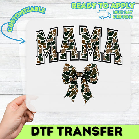 Cute Camouflage Mama DTF Transfer for Mother's Day Apparel, Ready to Press Rustic Boho Camo Shirt Design