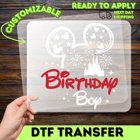 Birthday Boy Mouse Ears with Stars & Castle DTF Transfer Ready To Press for Kids Party T-Shirt & Family Celebration