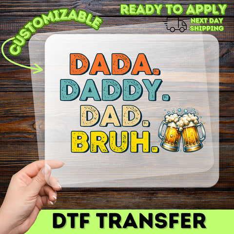 Father's Day funny dtf transfer ready to press iron-on, Dada Daddy Dad Bruh beer mugs retro dad design for men t-shirt & sweatshirt apparel