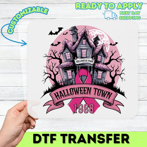 Iron-On Gothic Halloween Breast Cancer Awareness DTF Transfer - Spooky Haunted House Cute Apparel for October Events