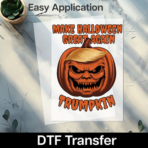 Iron-On Funny Halloween Pumpkin DTF Transfer Ready To Press for Trumpkin Fans T-Shirt or Sweatshirt Apparel