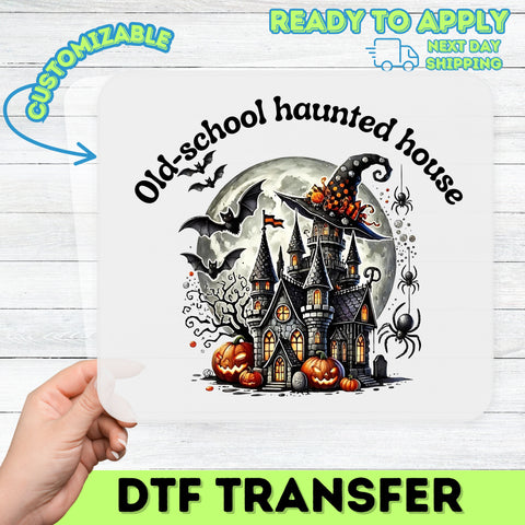 Iron-On Cute Haunted Castle DTF Transfer for Halloween Party T-Shirt, Ready To Press Spooky Season Apparel Design