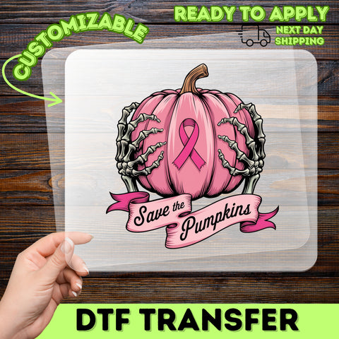 Funny Halloween Pink Pumpkin DTF Transfer Iron-On for Breast Cancer Awareness Shirt Women Save the Pumpkins Tee
