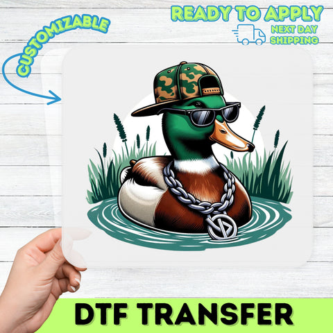 Cool Duck with Sunglasses DTF Transfer for Urban Hip-Hop Animal T-Shirt, Funny Camo Cap Duck Ready To Press Iron-On