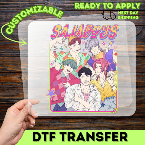 Cute Anime Boy Band DTF Transfer, Retro Pop Culture Iron-On T-shirt for Teen & Young Adults, Stylish Group Theme Apparel